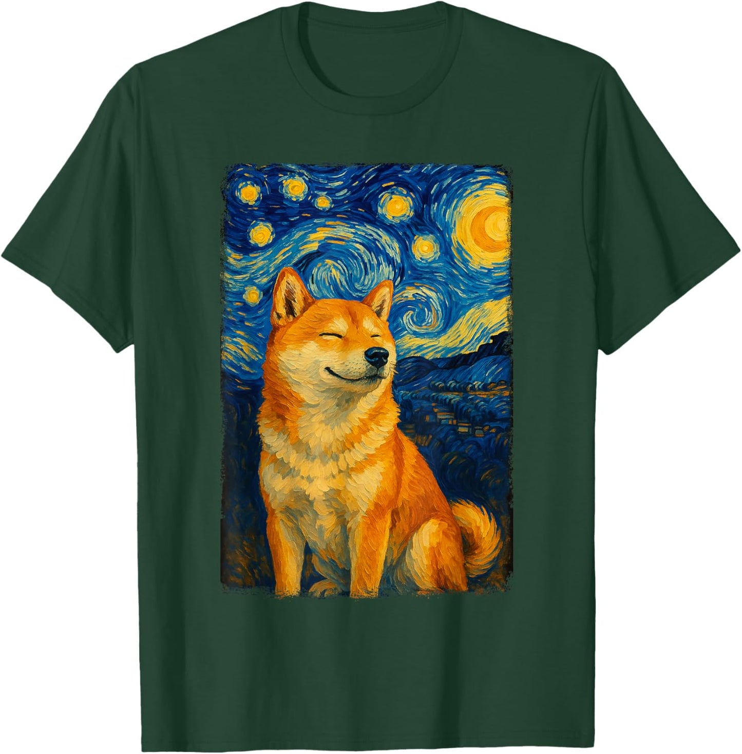 Shiba Inu Under Starry Sky Art Dog Aesthetic T-Shirt - T-Shirt | Forest