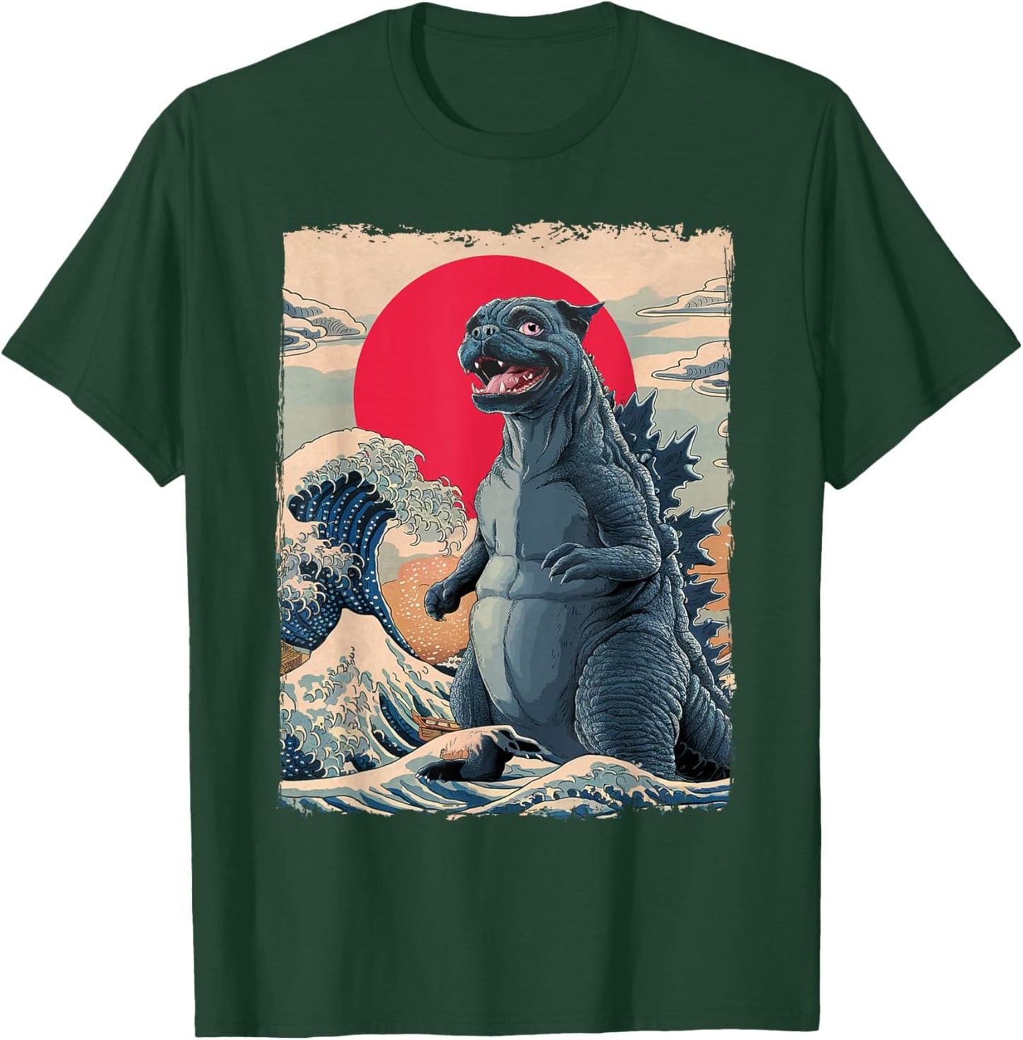 Pug Dog Funny Pugzilla Japanese Wave Art T-Shirt - T-Shirt | Forest