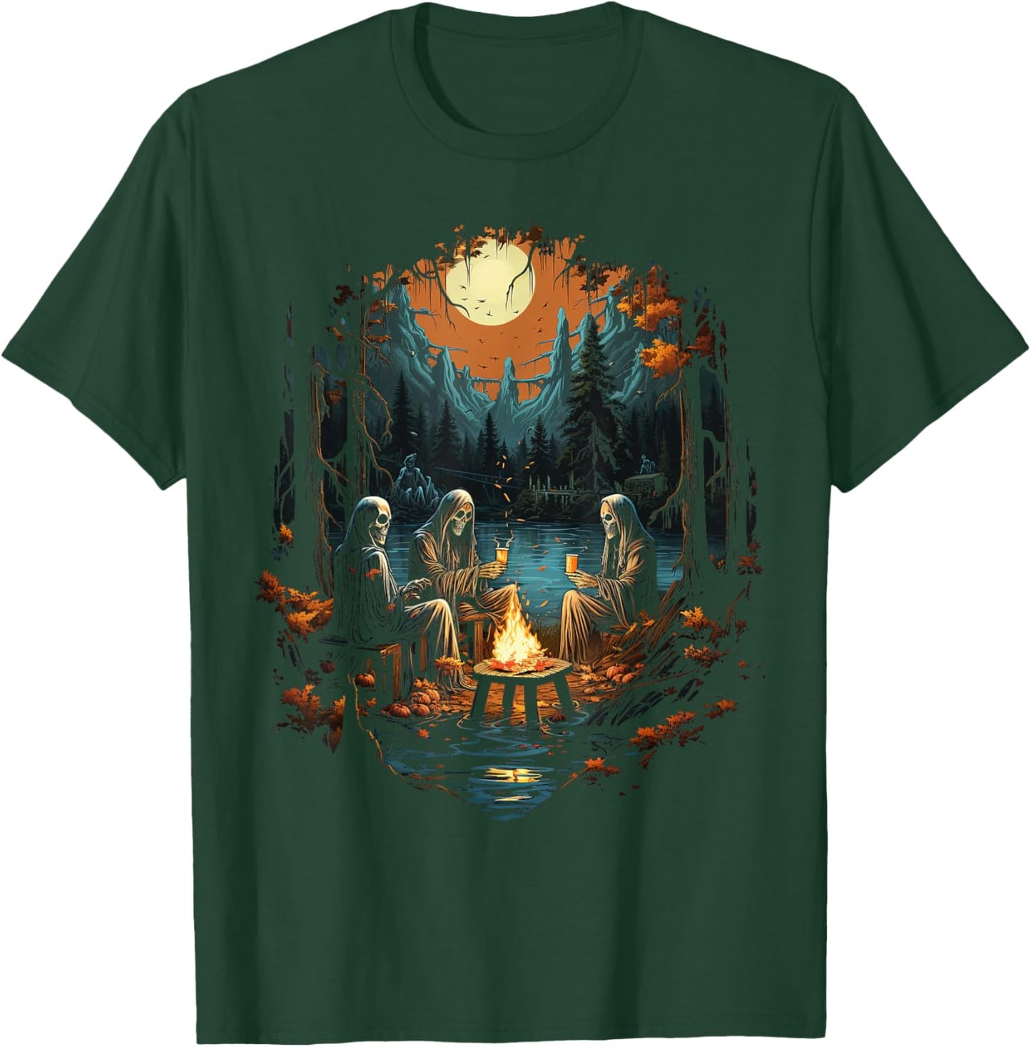 Vintage Ghost and Skeleton by Fire Camping Gothic Halloween T-Shirt - T-Shirt | Forest