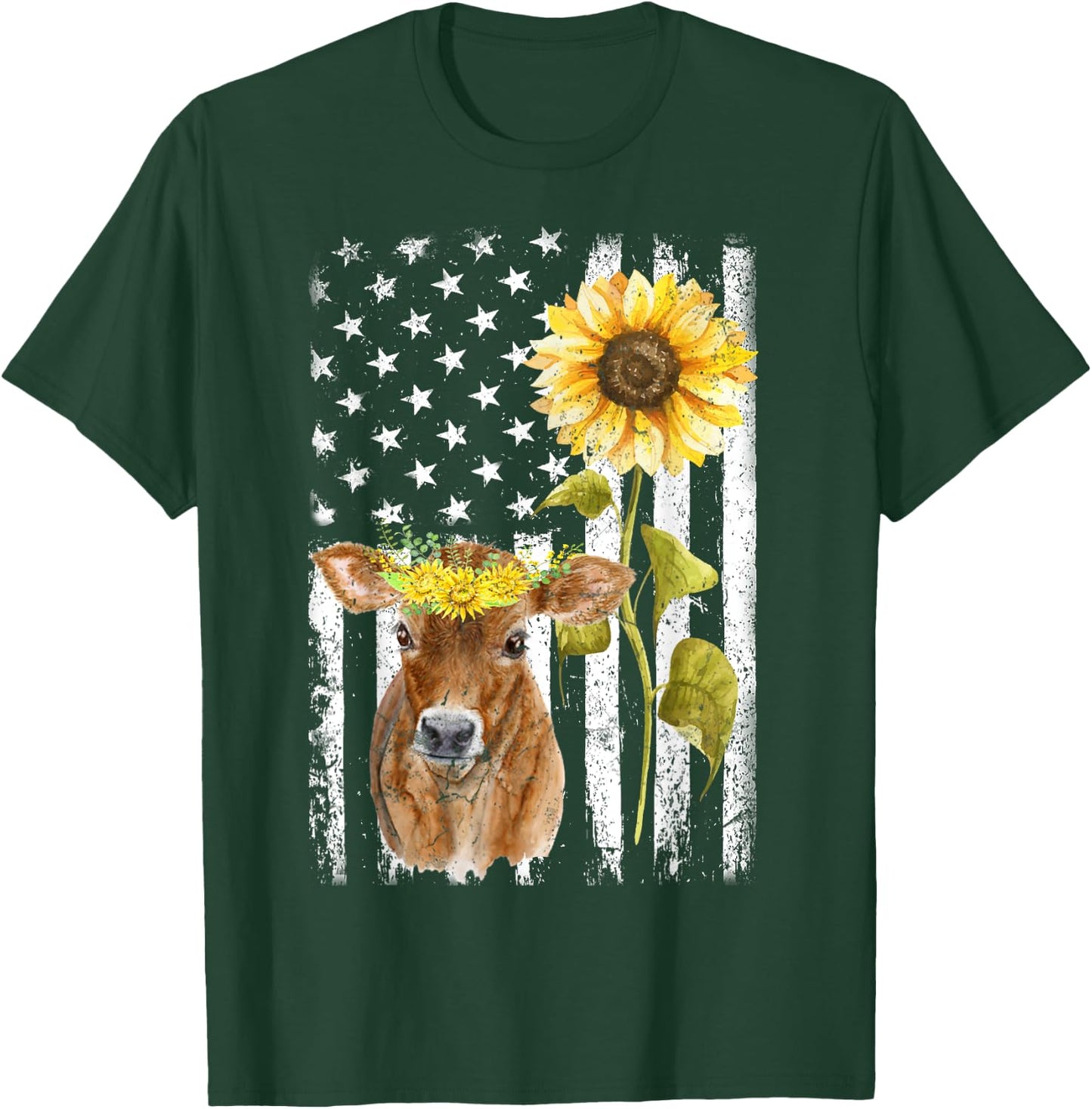 Cow USA Flag Sunflower Cow Lover Women Girls Kids Men T-Shirt - T-Shirt | Forest