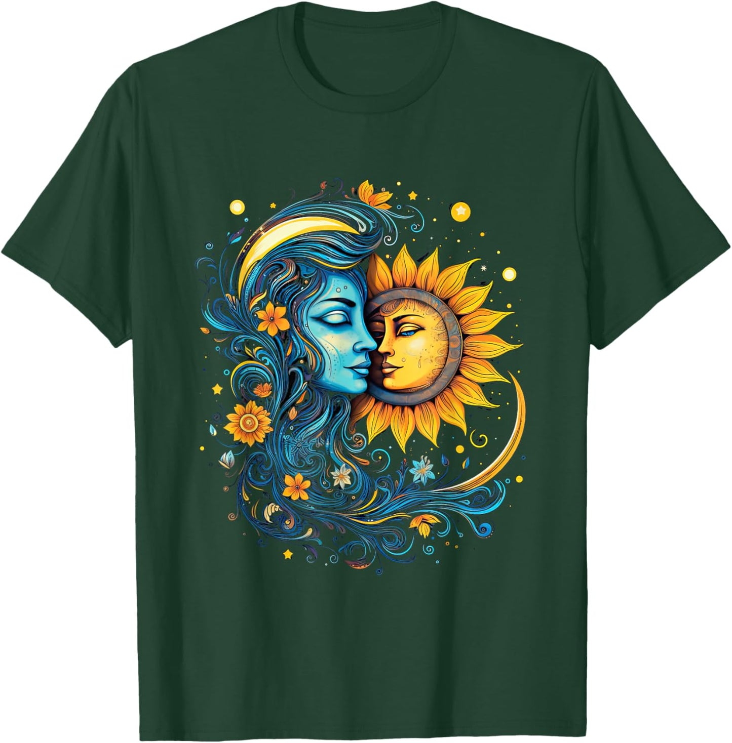 Mystic Sun and Moon Woman Mystical Flowers Aesthetic T-Shirt - T-Shirt | Forest