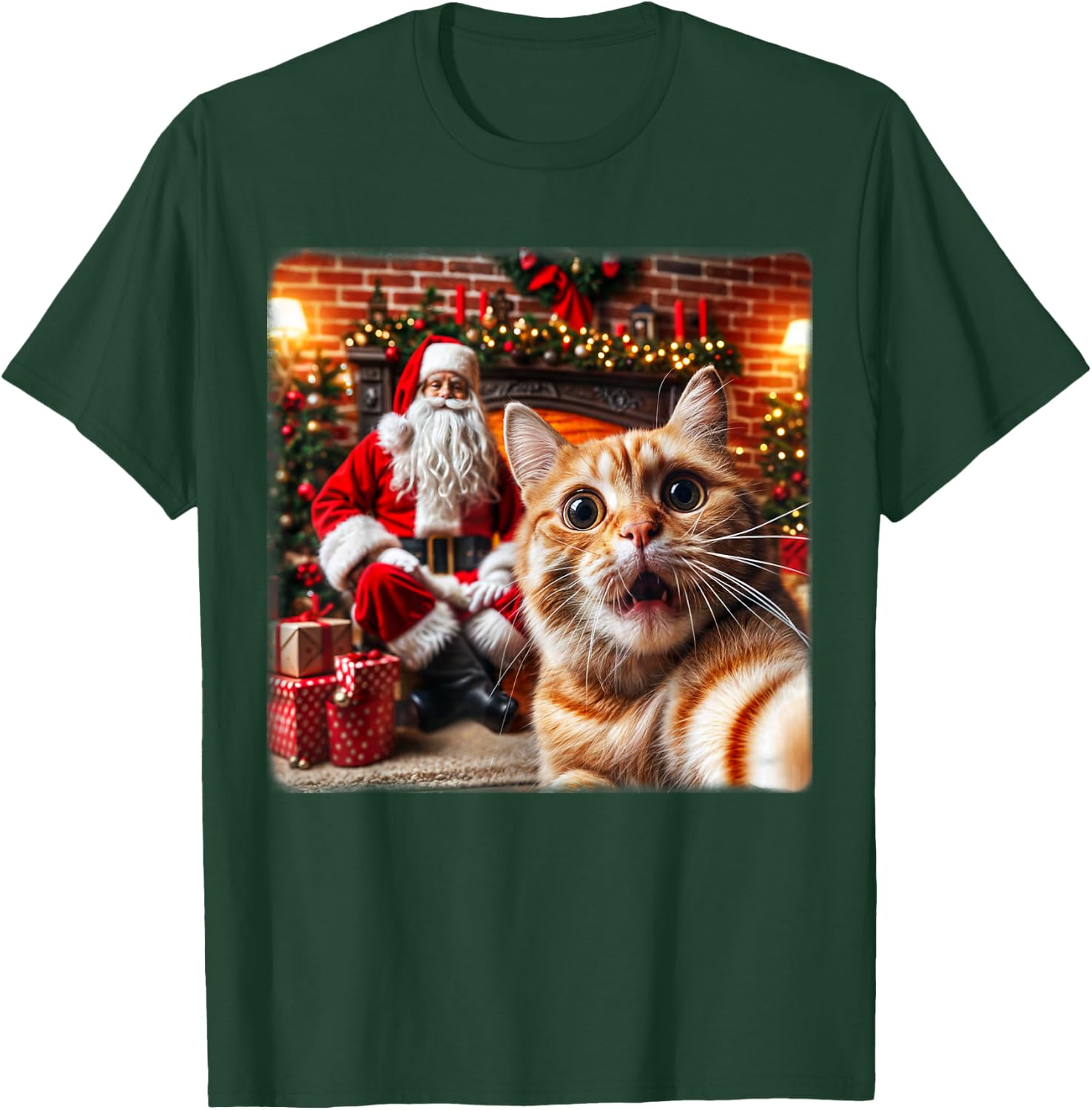 Funny Cat Selfie With Santa Claus Christmas Girls Boy Family T-Shirt - T-Shirt | Forest