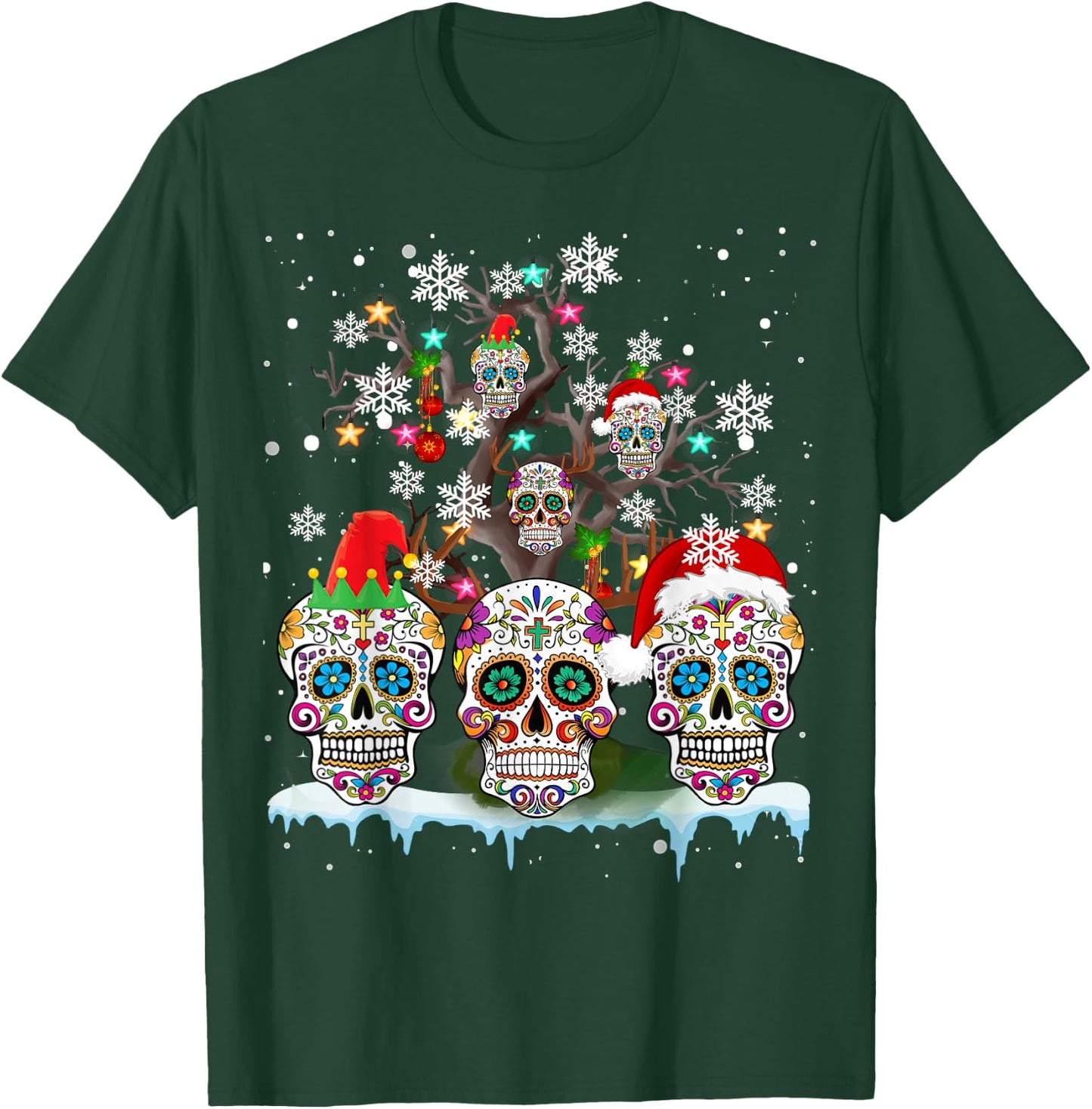 Christmas Sugar Skull On Tree Funny Santa Sugar Skull Gifts T-Shirt - T-Shirt | Forest