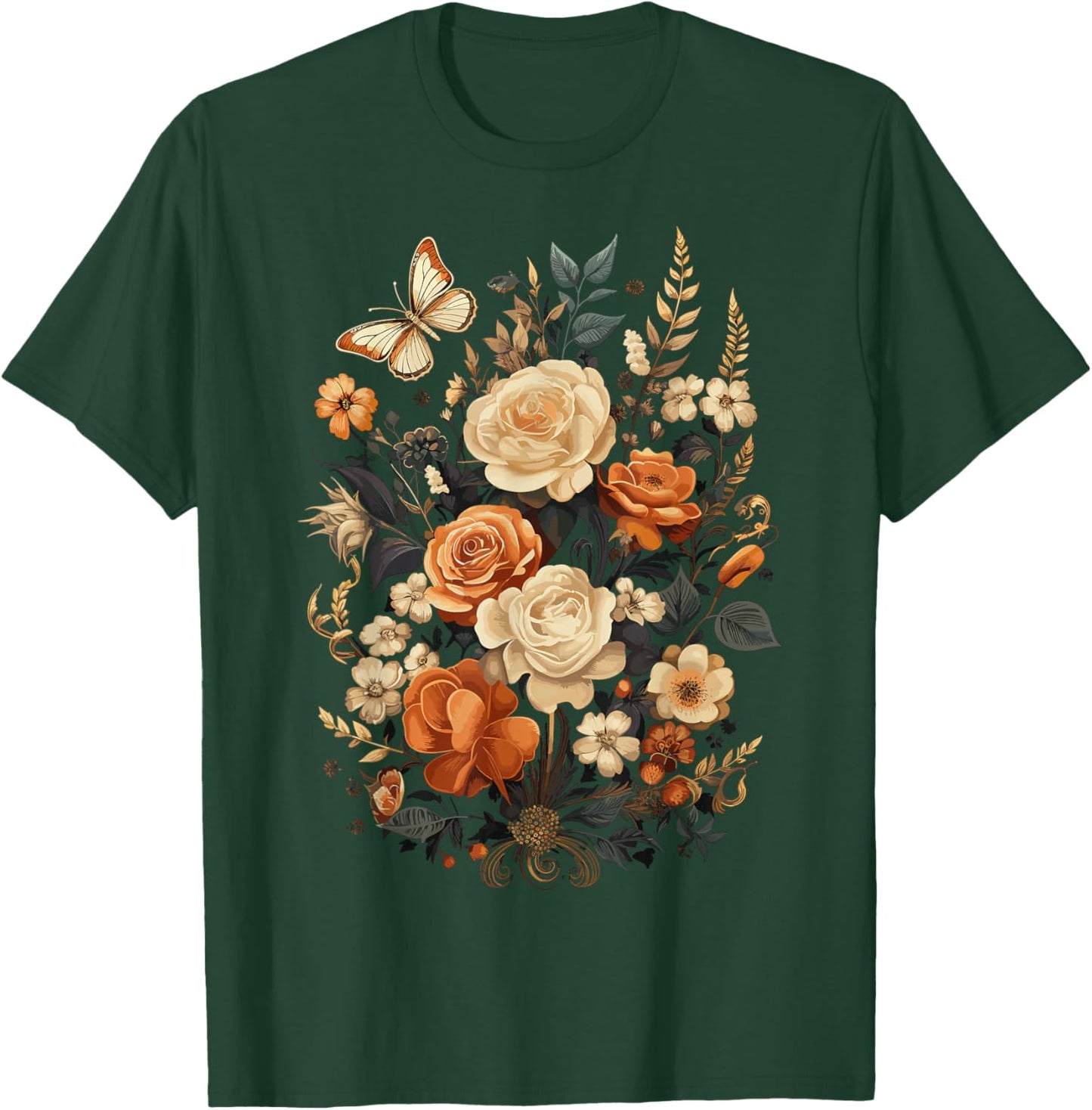 Vintage Pressed Flowers Butterflies Floral Boho Wildflowers T-Shirt - T-Shirt | Forest