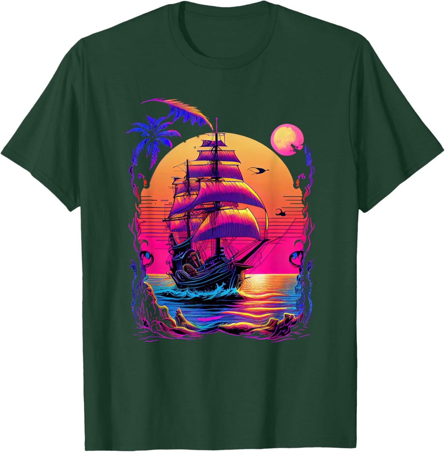 Synthwave Retrowave Pirate Ship Colorful Graphic T-Shirt - T-Shirt | Forest