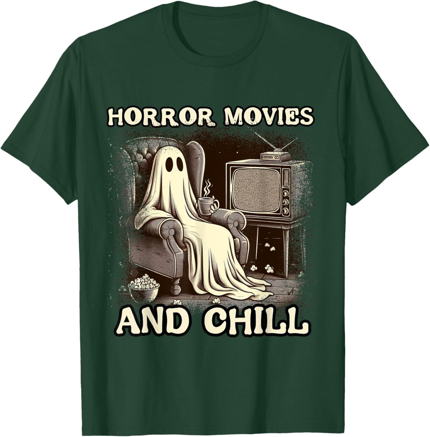 Horror Movies and Chill Halloween Ghost popcorn Spooky T-Shirt - T-Shirt | Forest