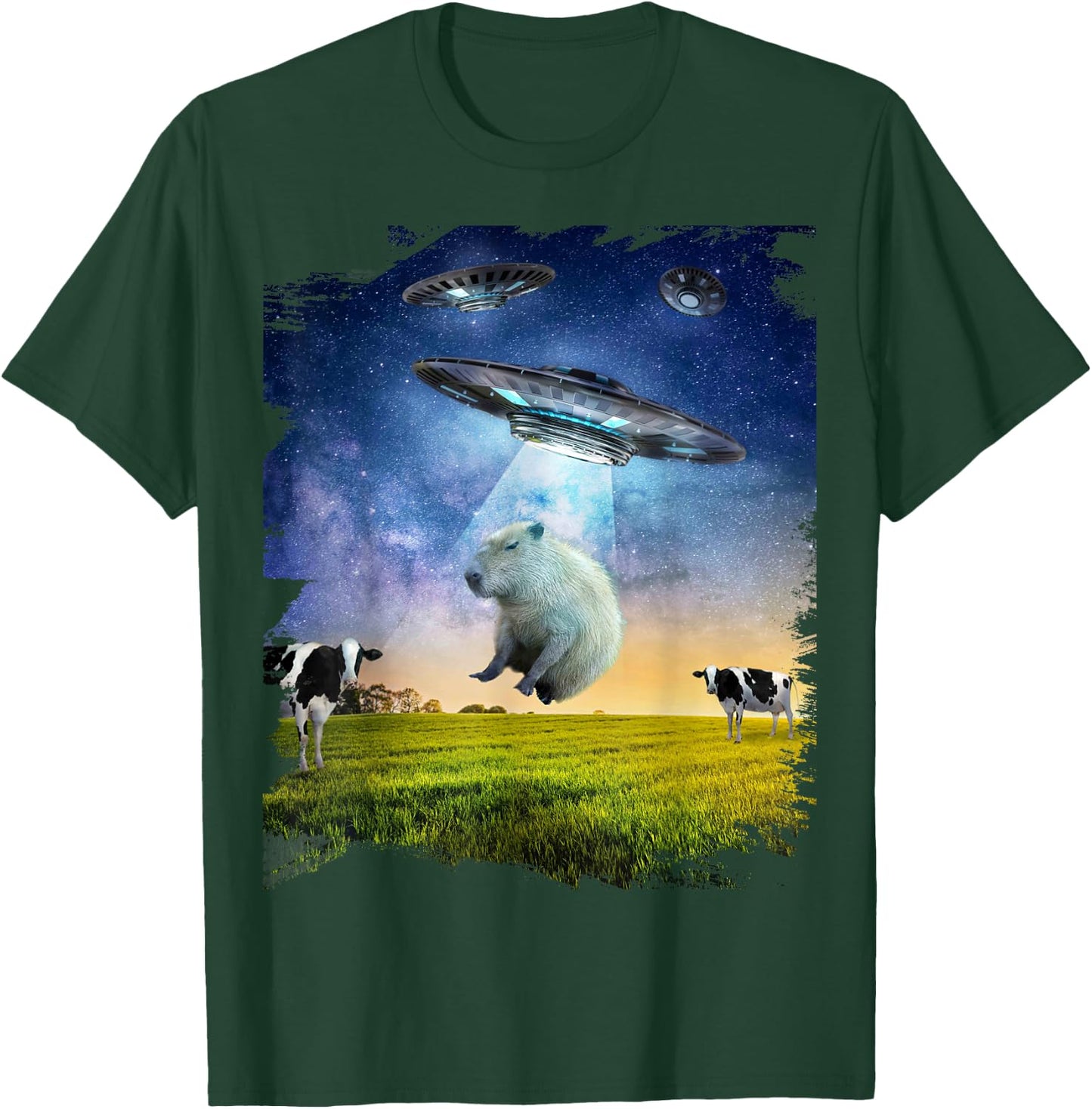 Random Galaxy Capybara UFO Abduction Abducting Funny , Men's -Adults, Black, Small, Short Sleeve, Regular Fit, Cotton, Polyester T-Shirt - T-Shirt | Forest