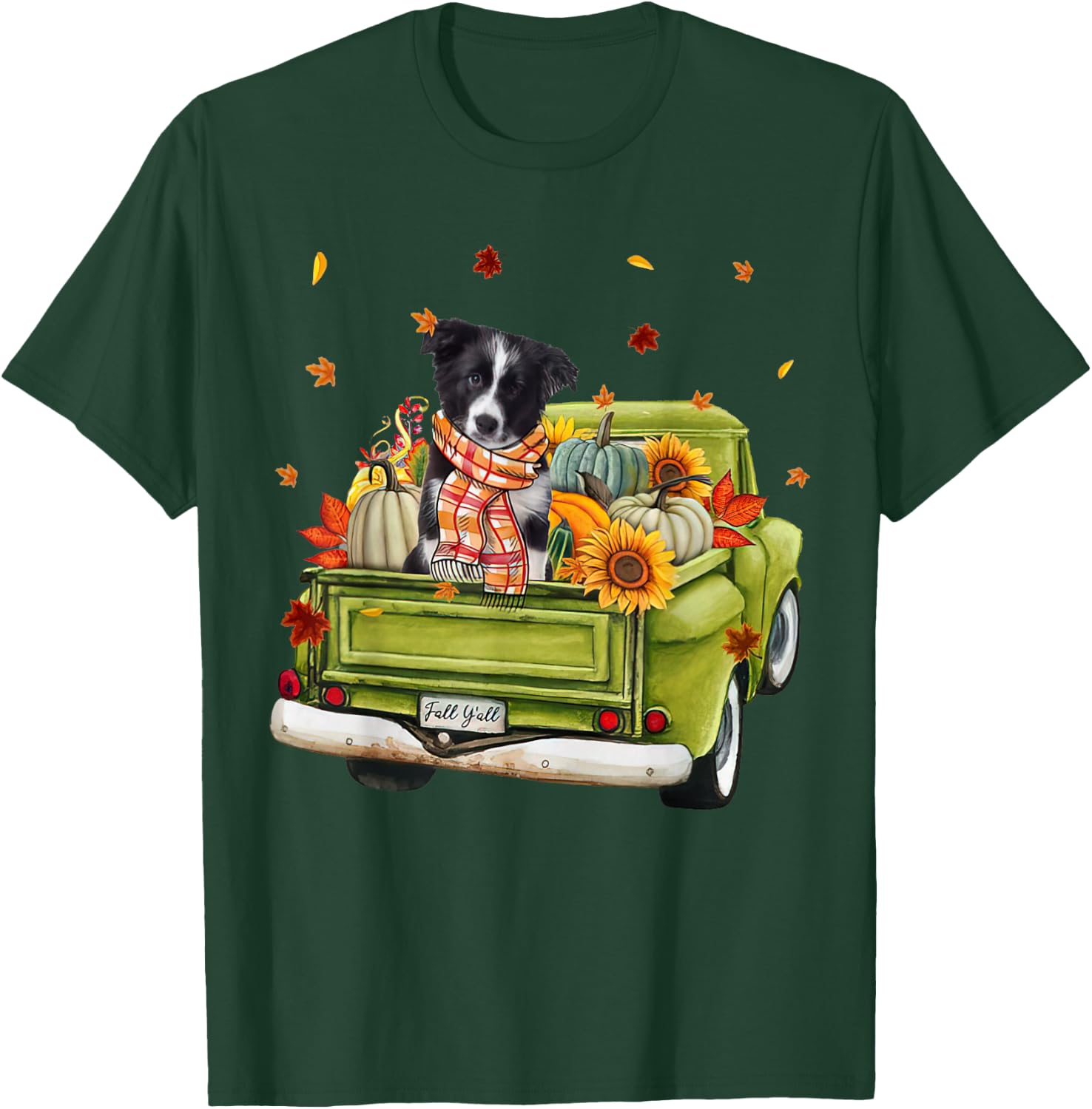 Happy Fall Y'all Border Collie Dog On Truck Pumpkin Fall T-Shirt - T-Shirt | Forest