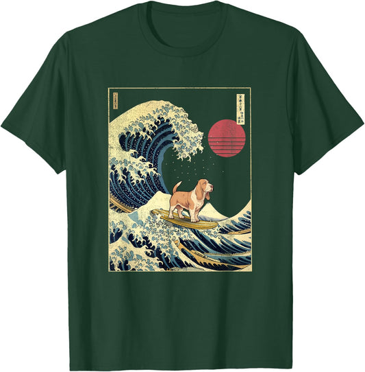 Basset Hound Japanese Kanagawa Wave Funny Surf Dog T-Shirt - T-Shirt | Forest