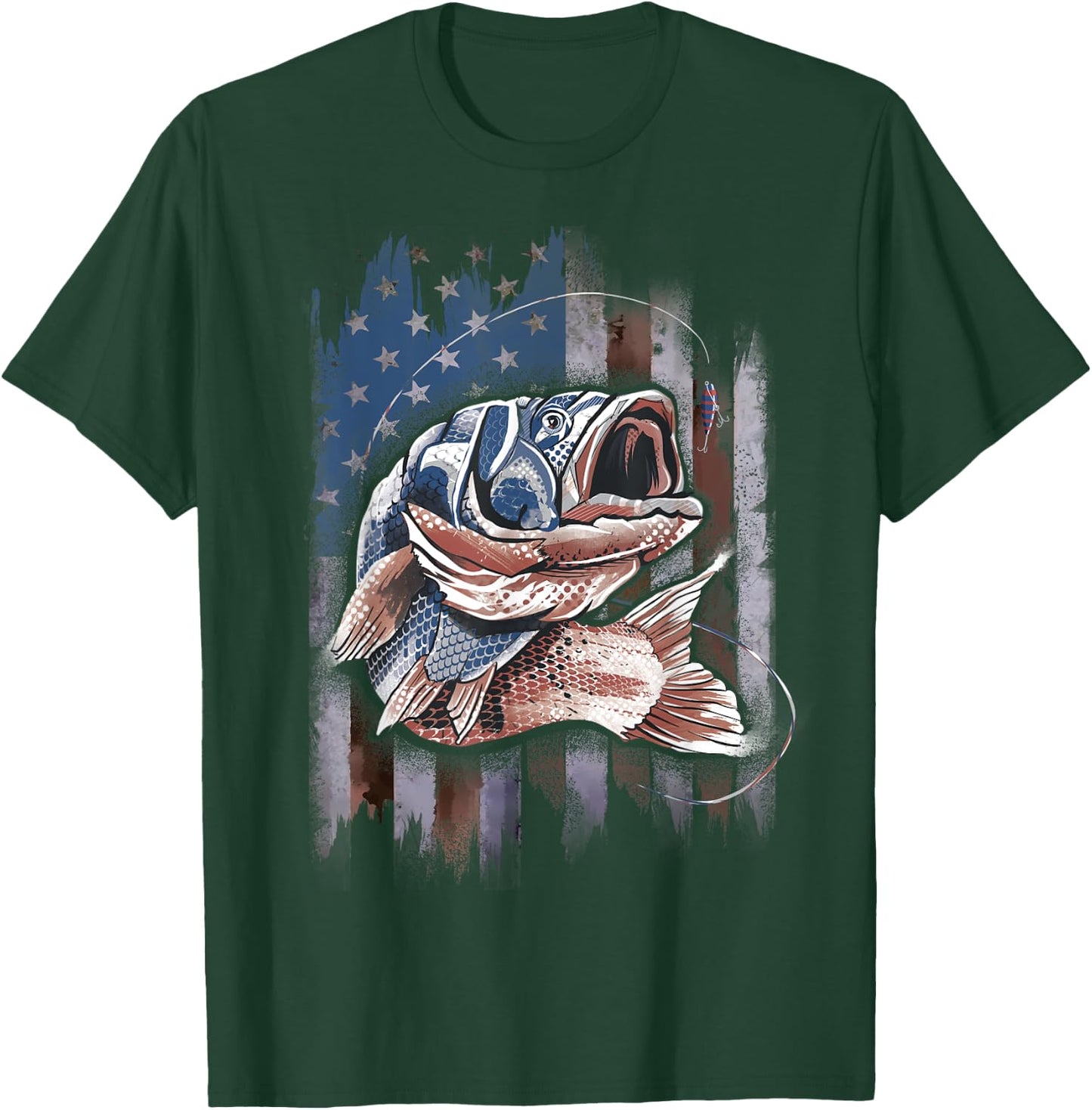 Patriotic Fishing 4th of July Men Amercian Flag Bass Fishing T-Shirt - T-Shirt | Forest