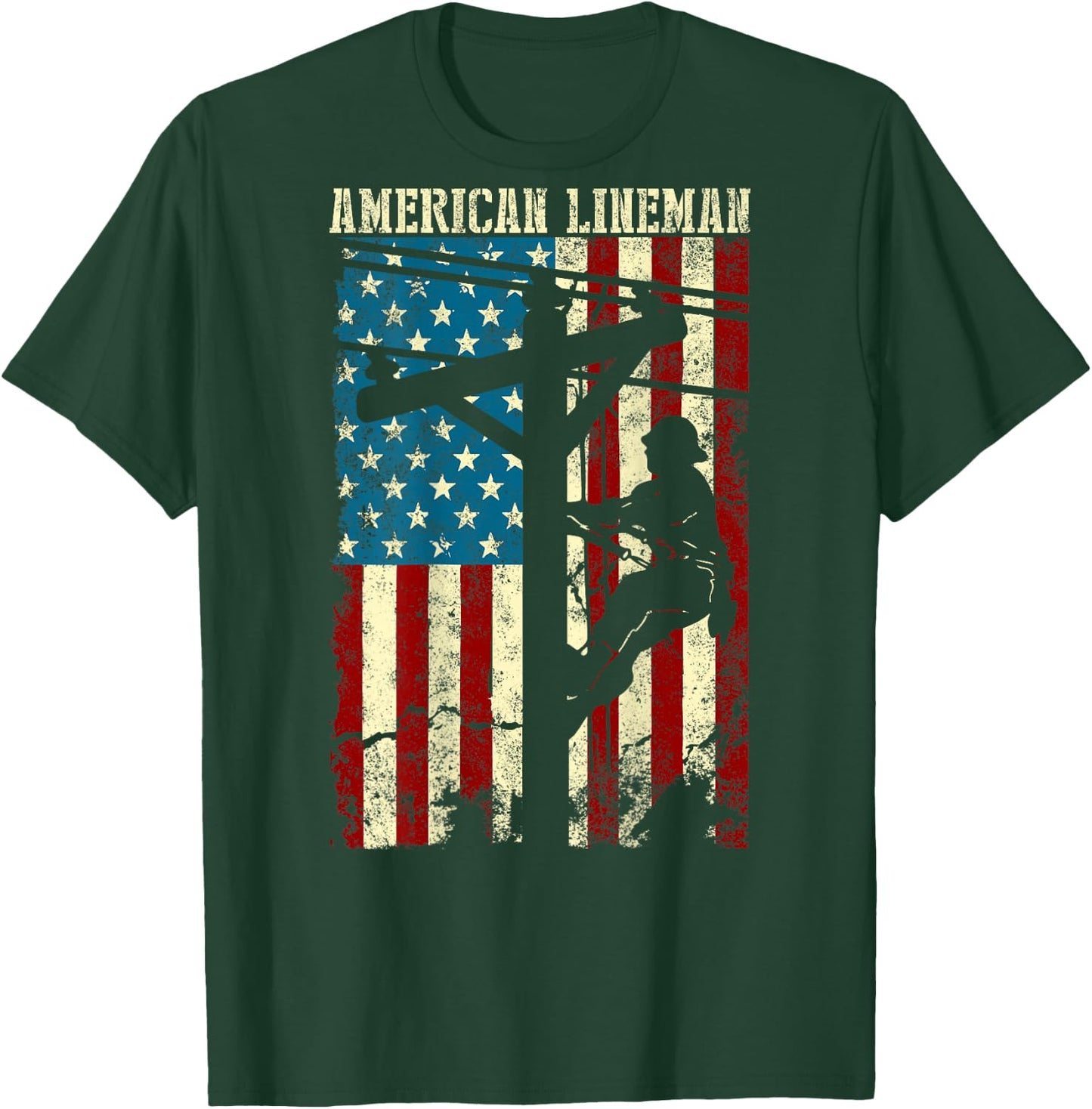 Lineman American Flag Electric Cable Gift Patriotic Lineman T-Shirt - T-Shirt | Forest