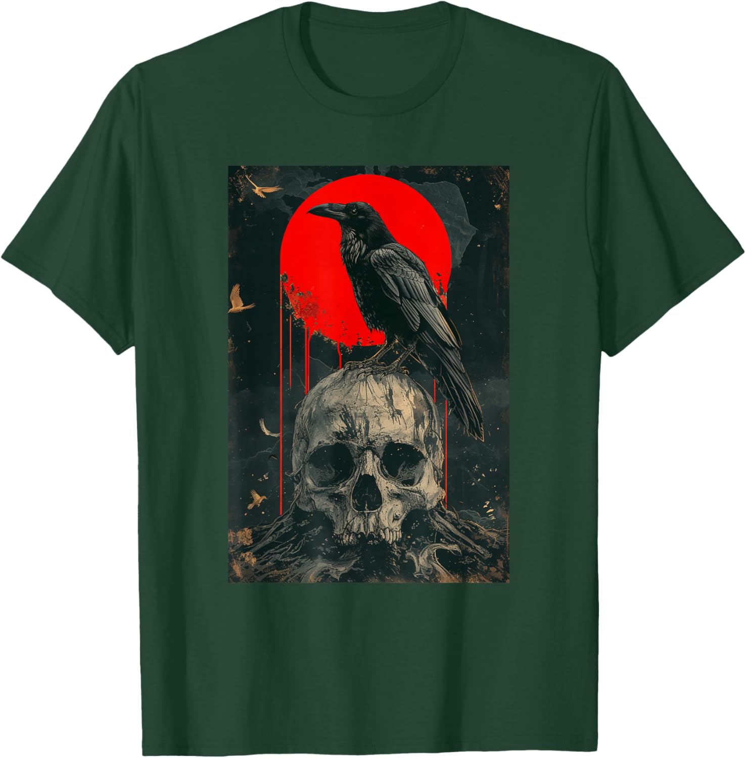 Red Moon Black Gothic Raven Skull Graphic Black Crow T-Shirt - T-Shirt | Forest