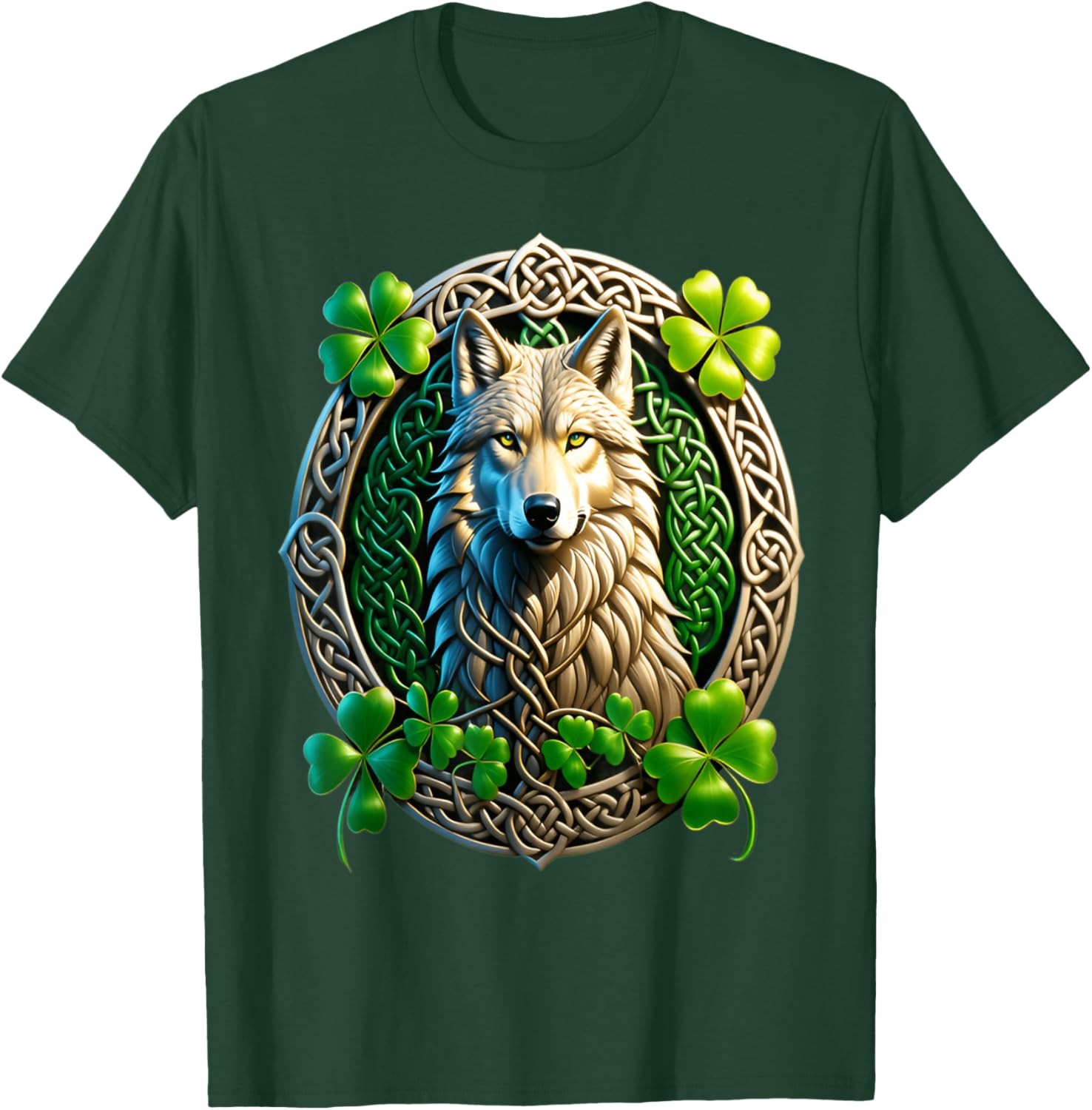 Irish Wolf Celtic Knot & Shamrock Heritage Pride Celtic T-Shirt - T-Shirt | Forest