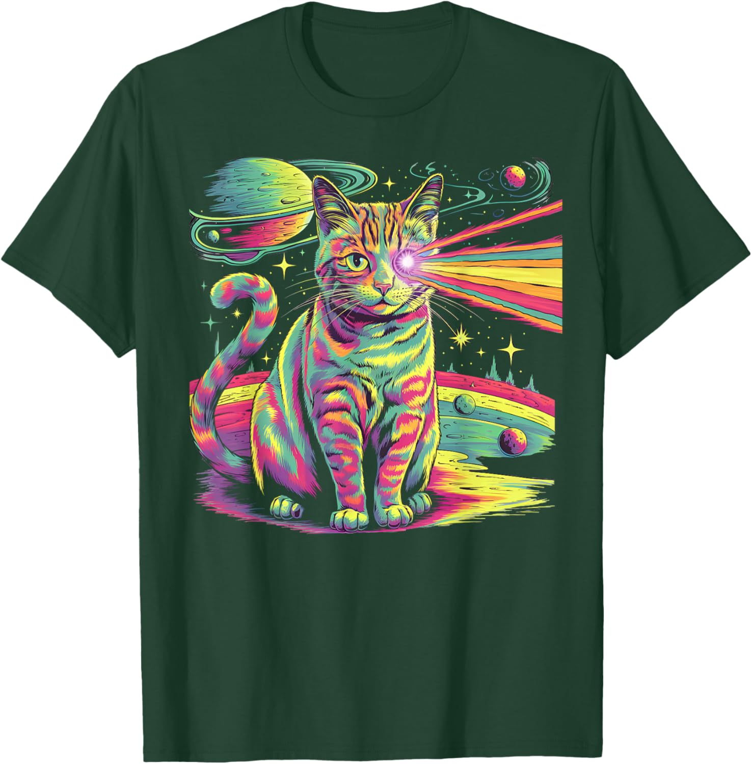 Bunte Psychedelisch Laser Katze | Weltall Planeten T-Shirt - T-Shirt | Forest