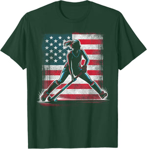 Field Hockey Girl USA United States Of America Flag T-Shirt - T-Shirt | Forest