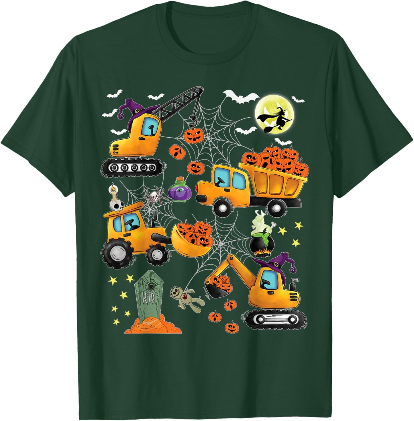 Kids Construction Vehicle Halloween Crane Truck Pumpkin Boys T-Shirt - T-Shirt | Forest