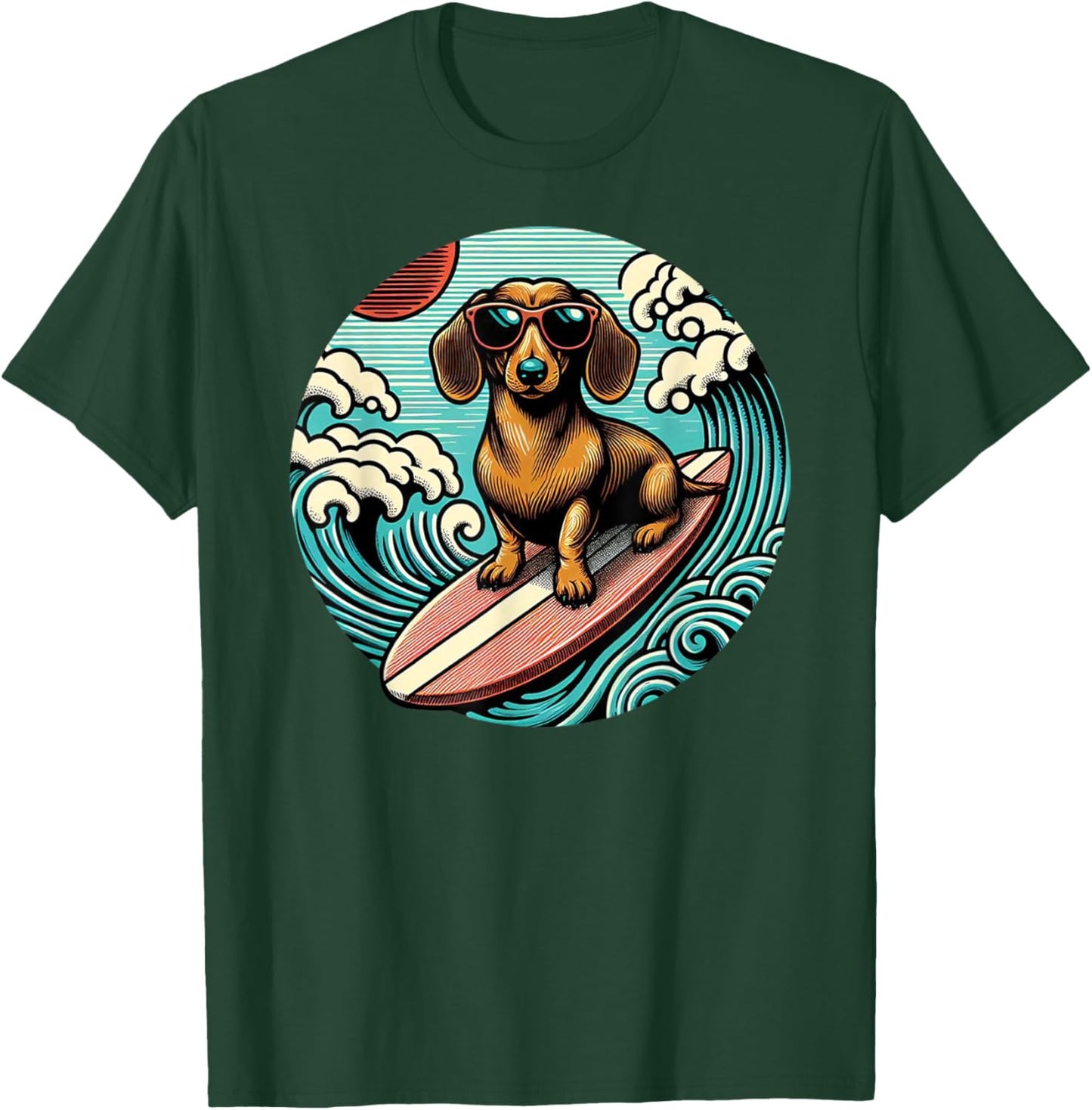 Red Dachshund Surfing Summer Vibes Ocean Beach Surfer Wave T-Shirt - T-Shirt | Forest