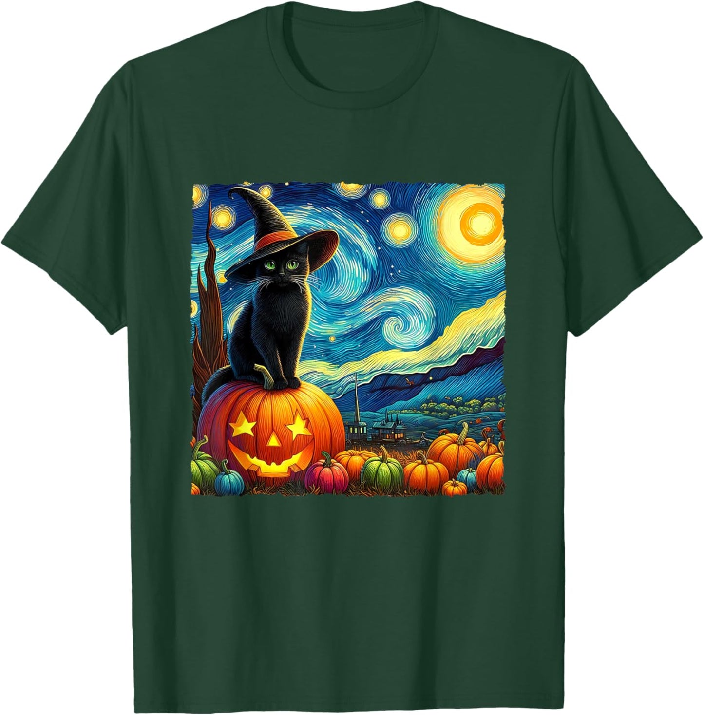 Halloween Van Gogh Starry Night Black Cat Witch Hat Pumpkins T-Shirt - T-Shirt | Forest