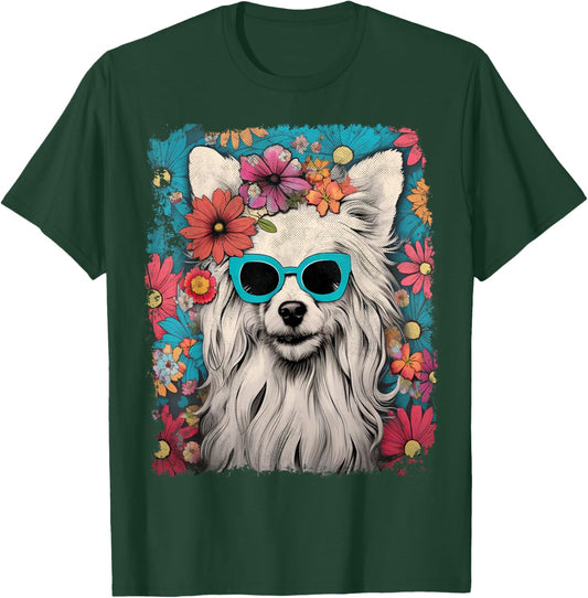 Pet Dog Face Vintage Chinese Crested Dog Floral Graphic T-Shirt - T-Shirt | Forest