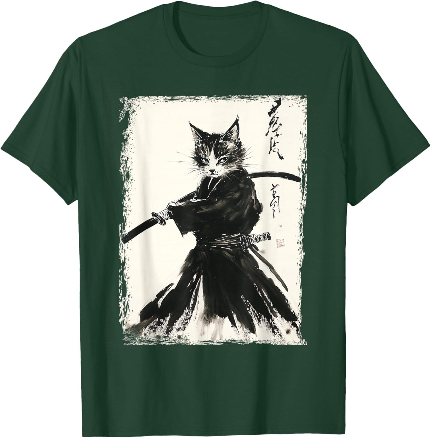 Samurai Cat Ukiyo-e Vintage Art Warrior Graphic T-Shirt - T-Shirt | Forest