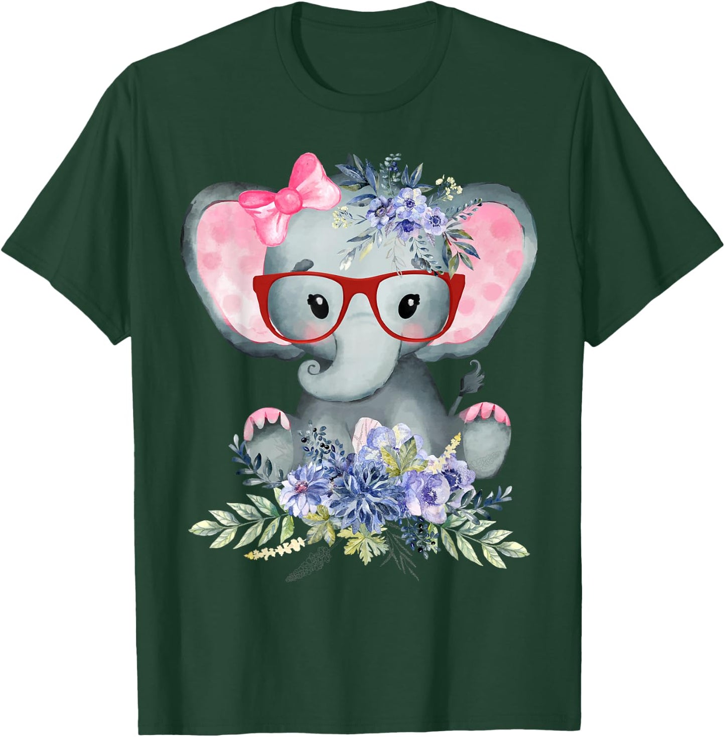 Cute Girl Baby Elephant Wearing Bow Tie & Glasses w/ Flowers T-Shirt - T-Shirt | Forest