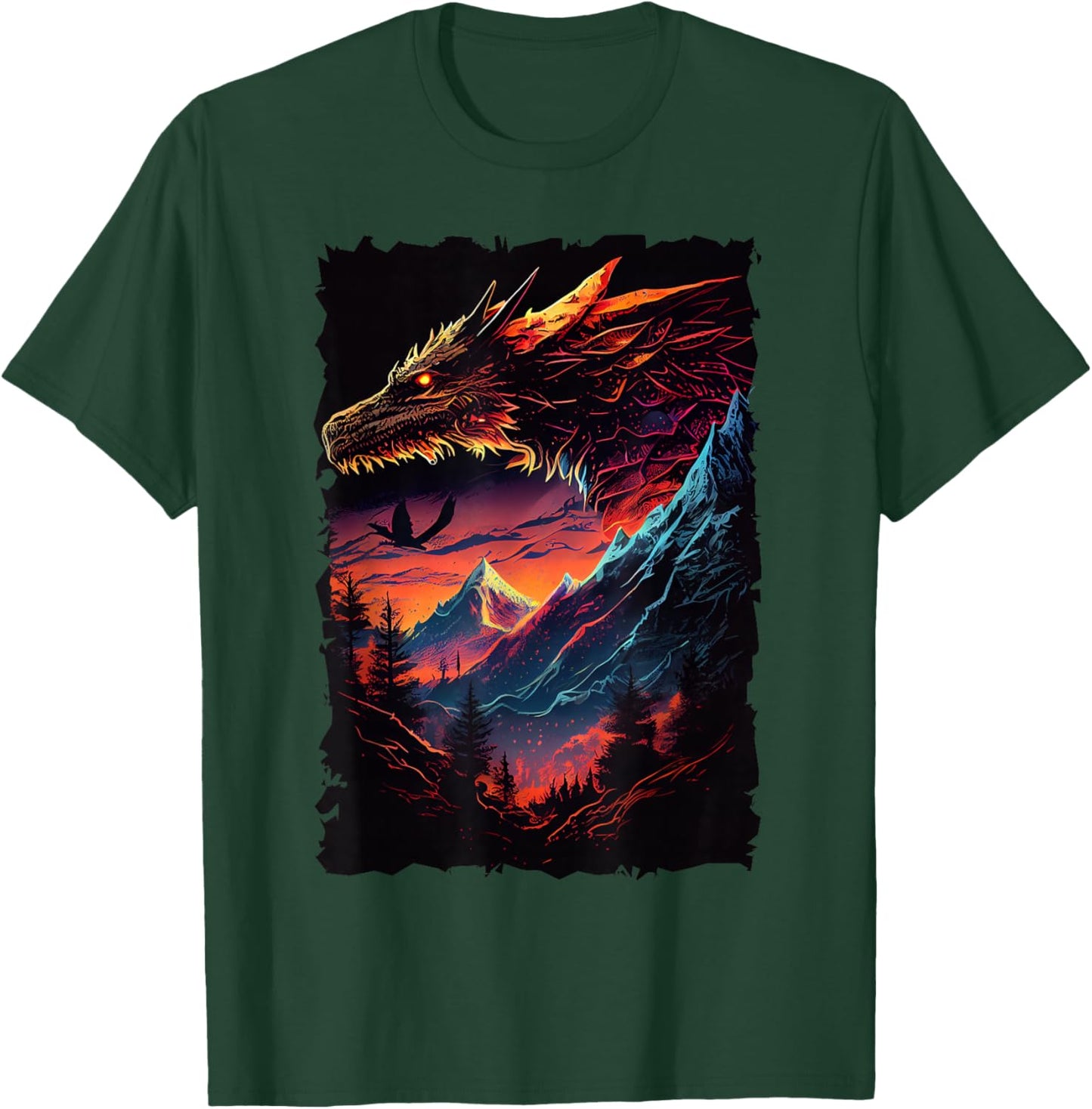 Dragon with Mountain Sunset Retro Fantasy Adventure Design T-Shirt - T-Shirt | Forest