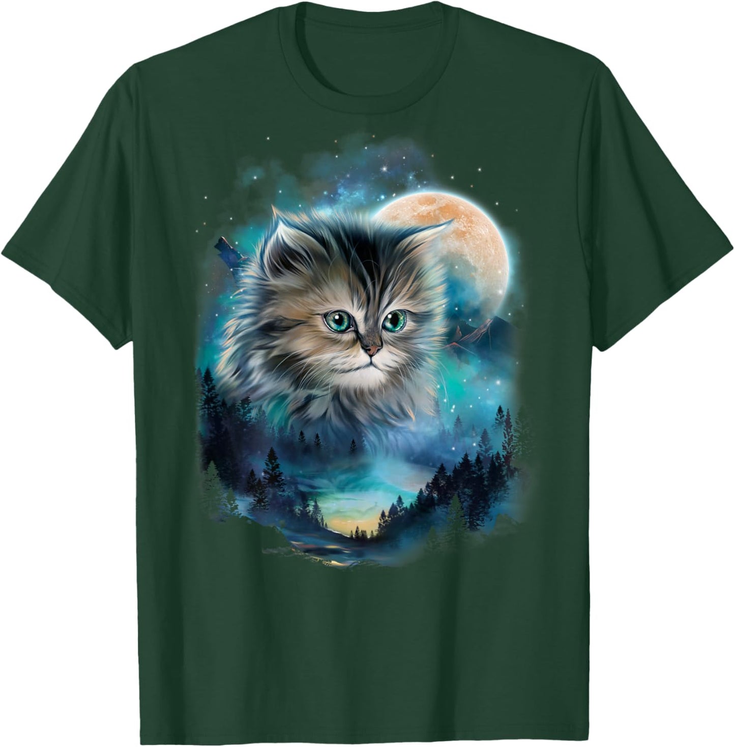 Mystical Cat Under Moonlit Forest Sky Men Women Kids T-Shirt - T-Shirt | Forest
