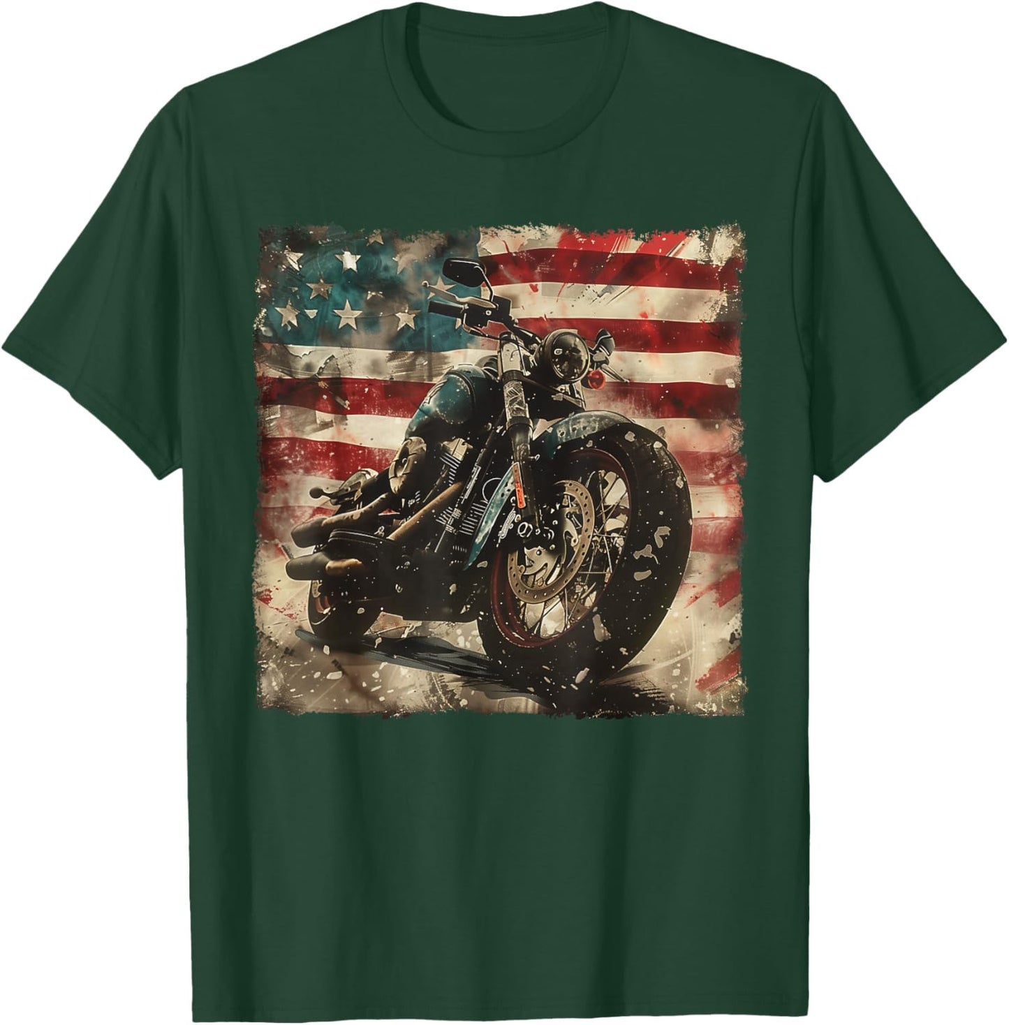 Vintage Motorcycle USA Flag Retro Biker American T-Shirt - T-Shirt | Forest