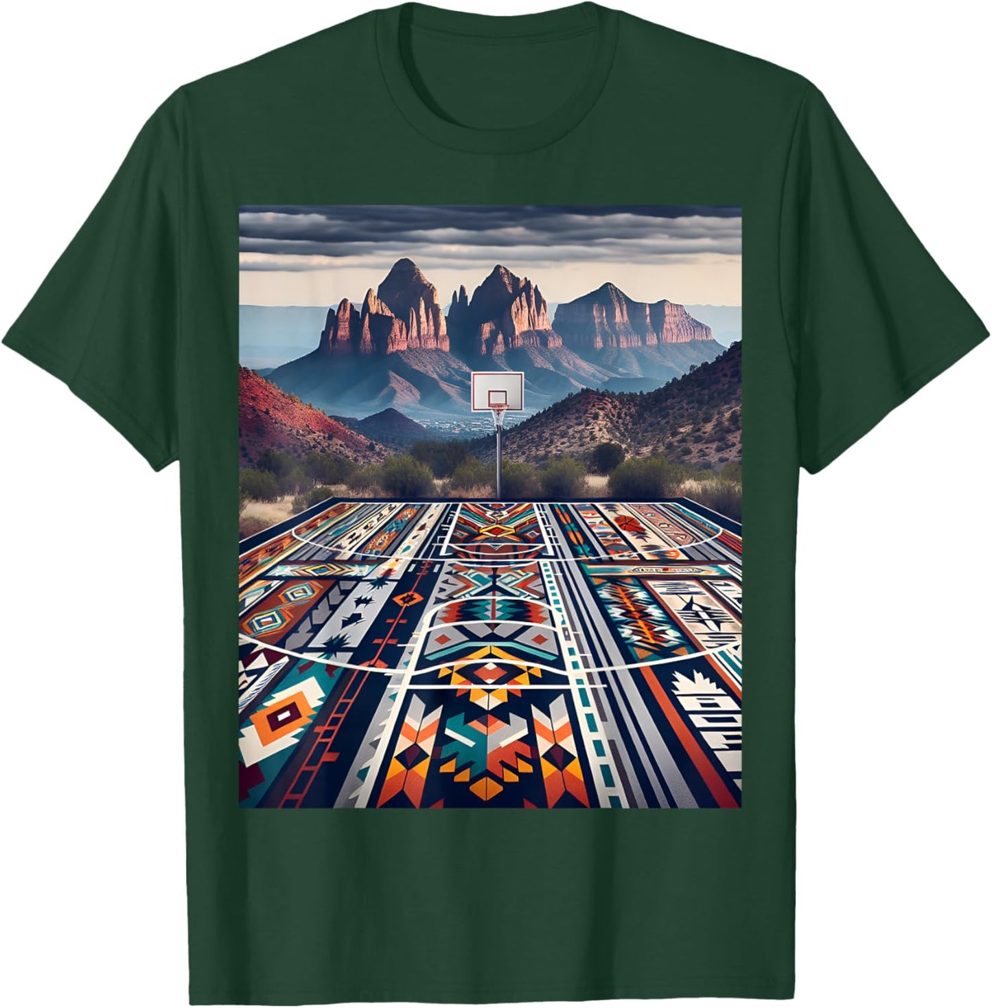 Flagstaff Mountain Basketball: Native American Pattern T-Shirt - T-Shirt | Forest