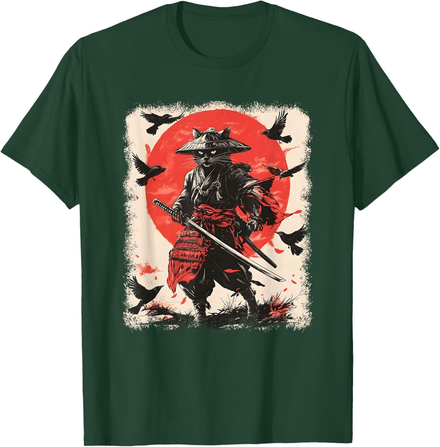 Samurai Cat, Japanese Warrior Art | Anime & Vintage Samurai T-Shirt - T-Shirt | Forest