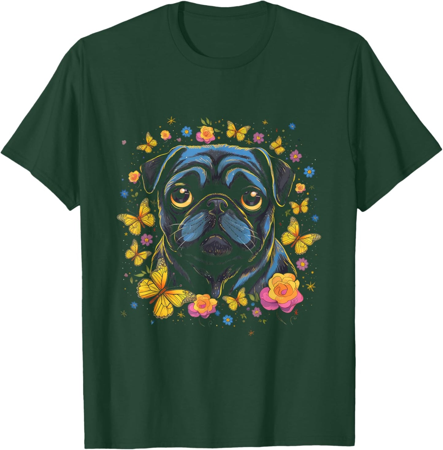 Black Pug with Butterflies and Flowers Retro Design T-Shirt - T-Shirt | Forest