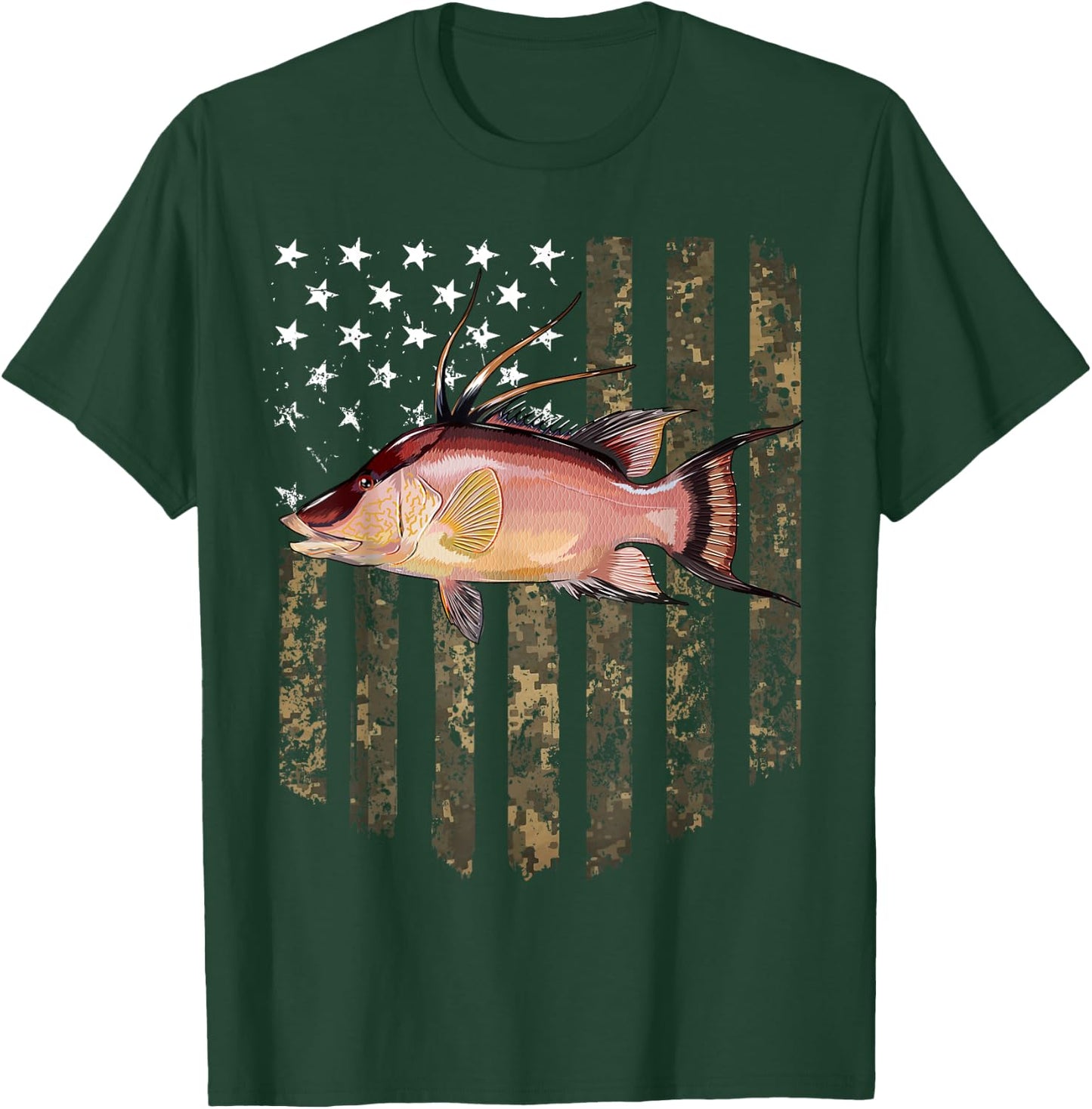 Camo American Flag Hogfish Fishing 4th Of July T-Shirt - T-Shirt | Forest