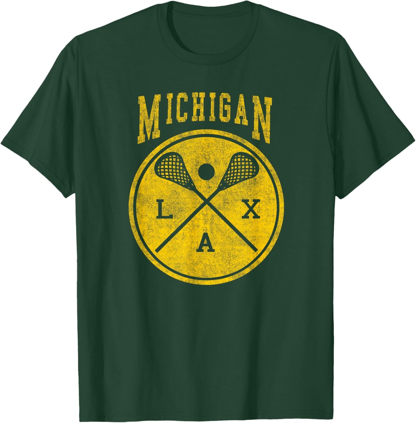 Michigan Lacrosse Vintage LAX Vintage Michigan Lacrosse Distressed LAX T-Shirt - T-Shirt | Forest