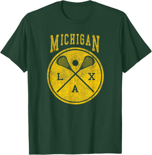Michigan Lacrosse Vintage LAX Vintage Michigan Lacrosse Distressed LAX T-Shirt - T-Shirt | Forest