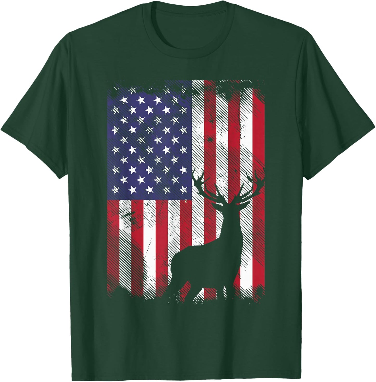 American Flag Deer Elk Hunting USA Patriotic Hunter Gift T-Shirt - T-Shirt | Forest