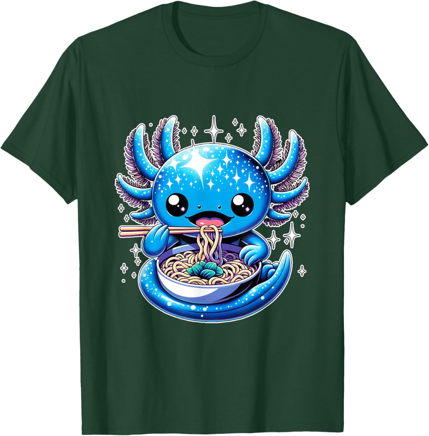 Kawaii Axolotl Eating Ramen Noodles Anime T-Shirt - T-Shirt | Forest
