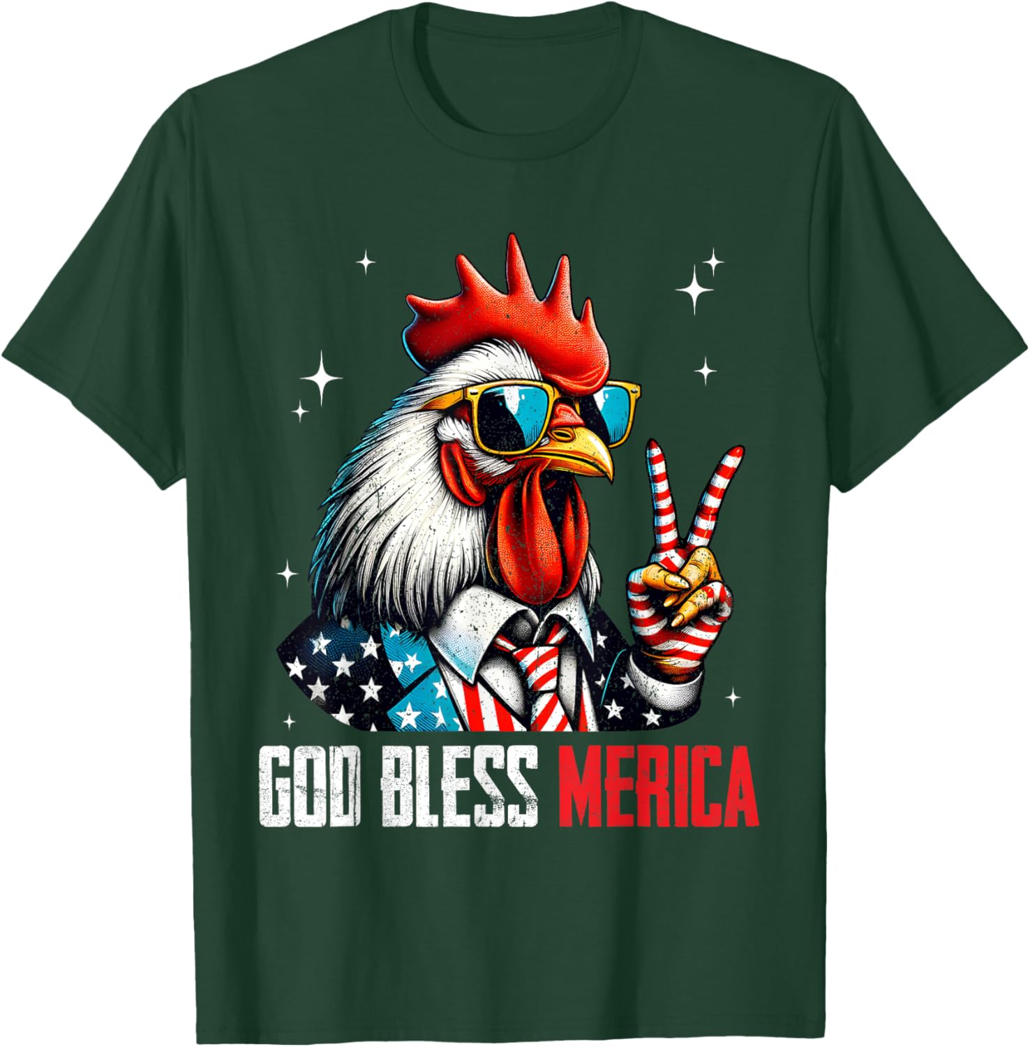 God Bless Merica Chicken Rooster 4th of July American Flag T-Shirt - T-Shirt | Forest