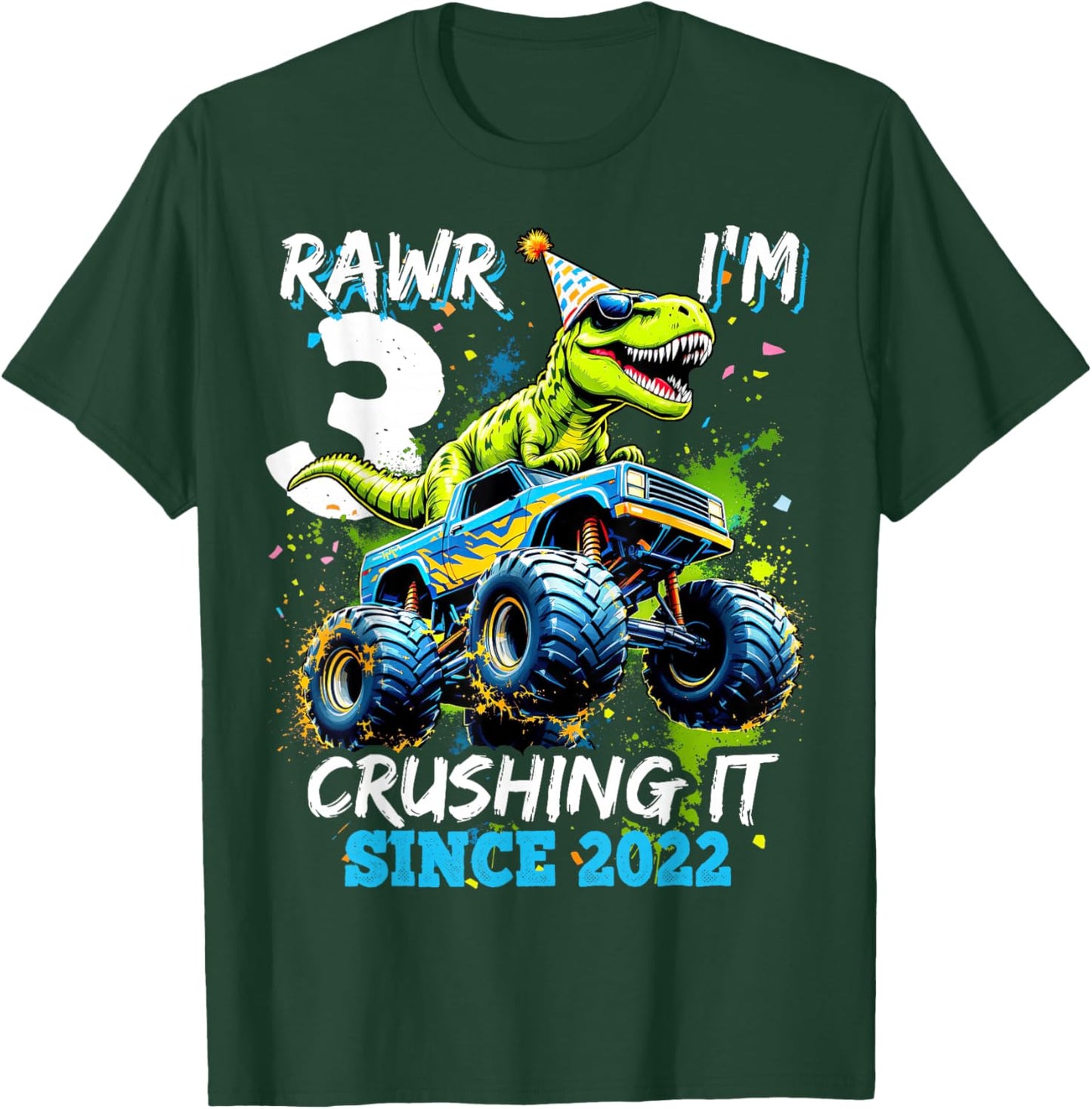 3rd Birthday Monster Truck Dinosaur Party Boys Rawr I'm 3 T-Shirt - T-Shirt | Forest