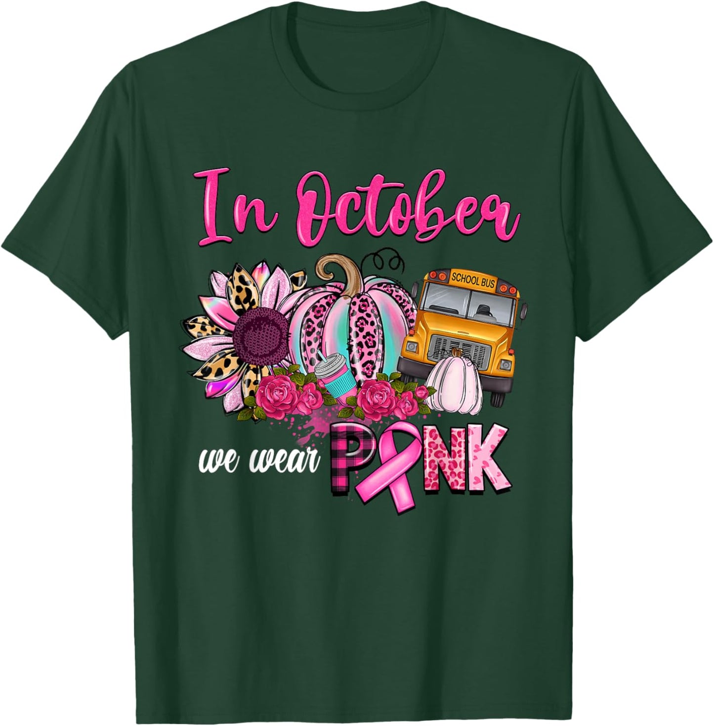 In October We Wear Pink Pumpkin Bus Driver Breast Cancer T-Shirt - T-Shirt | Forest