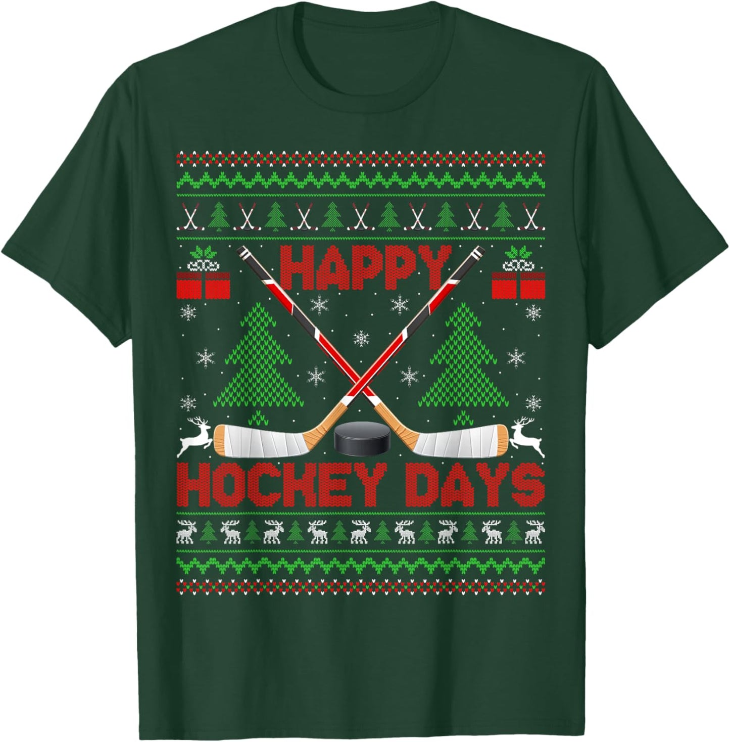 Xmas Sweater Happy Hockeydays Ugly Ice Hockey Christmas T-Shirt - T-Shirt | Forest