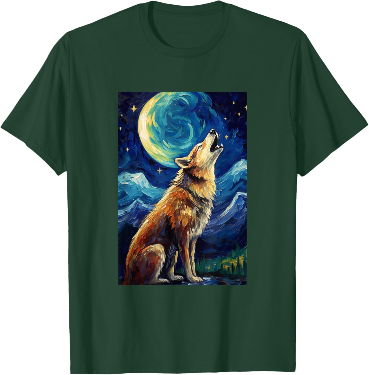 Wolf howls at moon - Van Gogh Style - Starry Night T-Shirt - T-Shirt | Forest