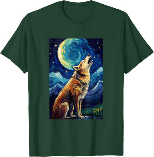 Wolf howls at moon - Van Gogh Style - Starry Night