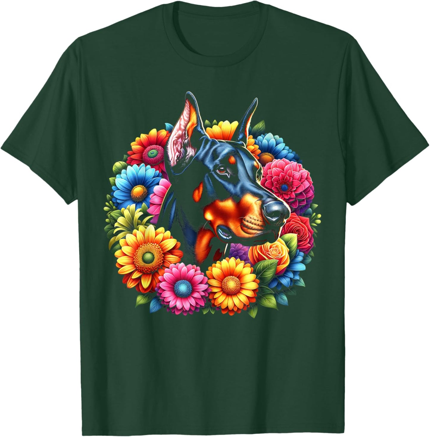 Cute Doberman Portrait in Colourful Flowers T-Shirt - T-Shirt | Forest