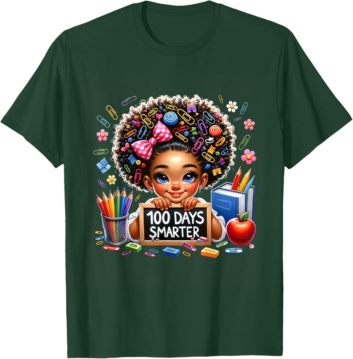 100 Days Smarter Afro Girls Messy Bun 100th Day Of School T-Shirt - T-Shirt | Forest