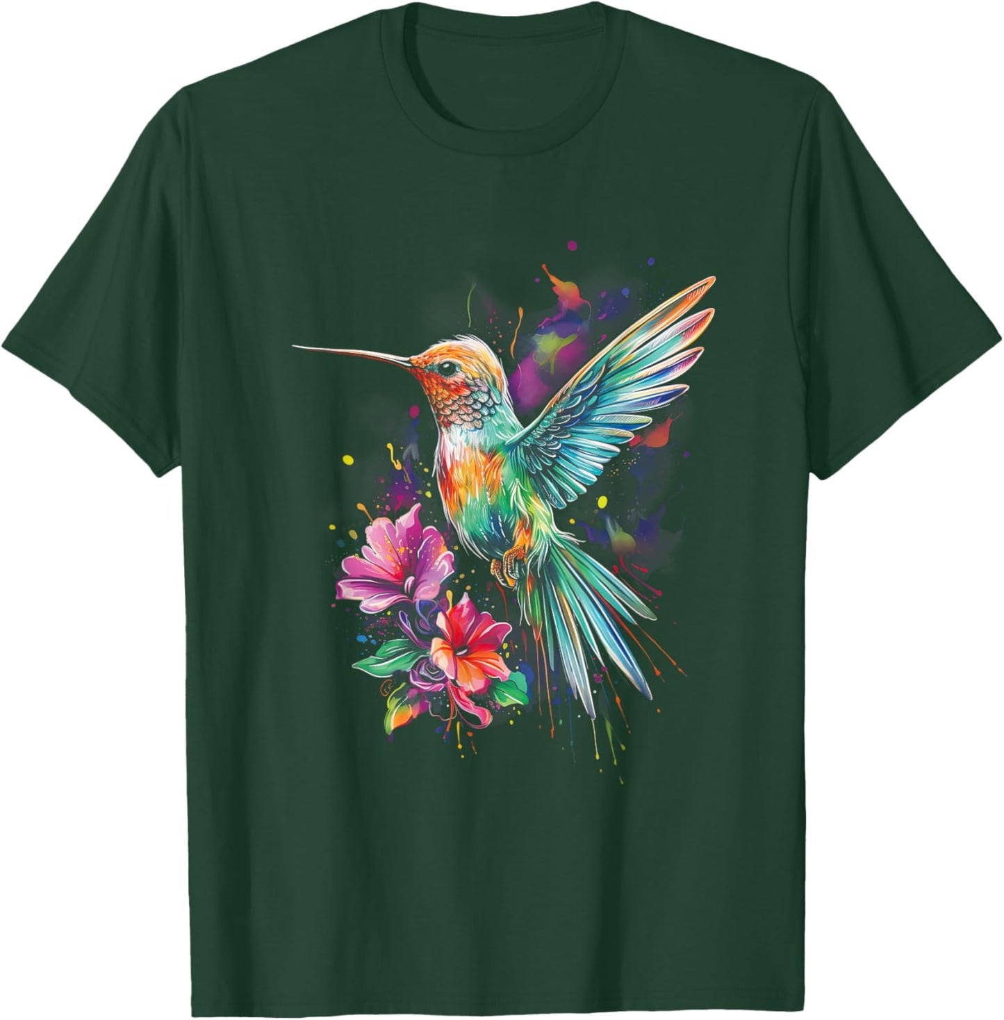 Hummingbird Floral Bird Artwork T-Shirt - T-Shirt | Forest