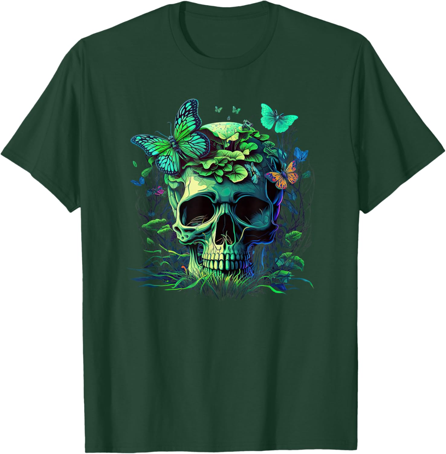 Skull with Vibrant Butterfly flower and mushroom T-Shirt - T-Shirt | Forest
