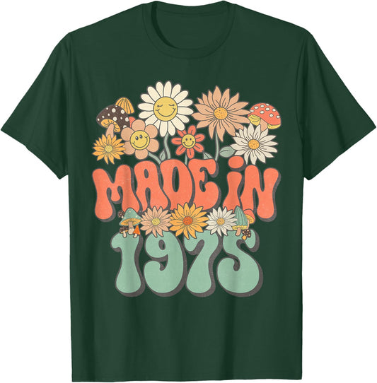 Retro Groovy Made In 1975 Floral Hippie Daisy 50th Birthday T-Shirt - T-Shirt | Forest