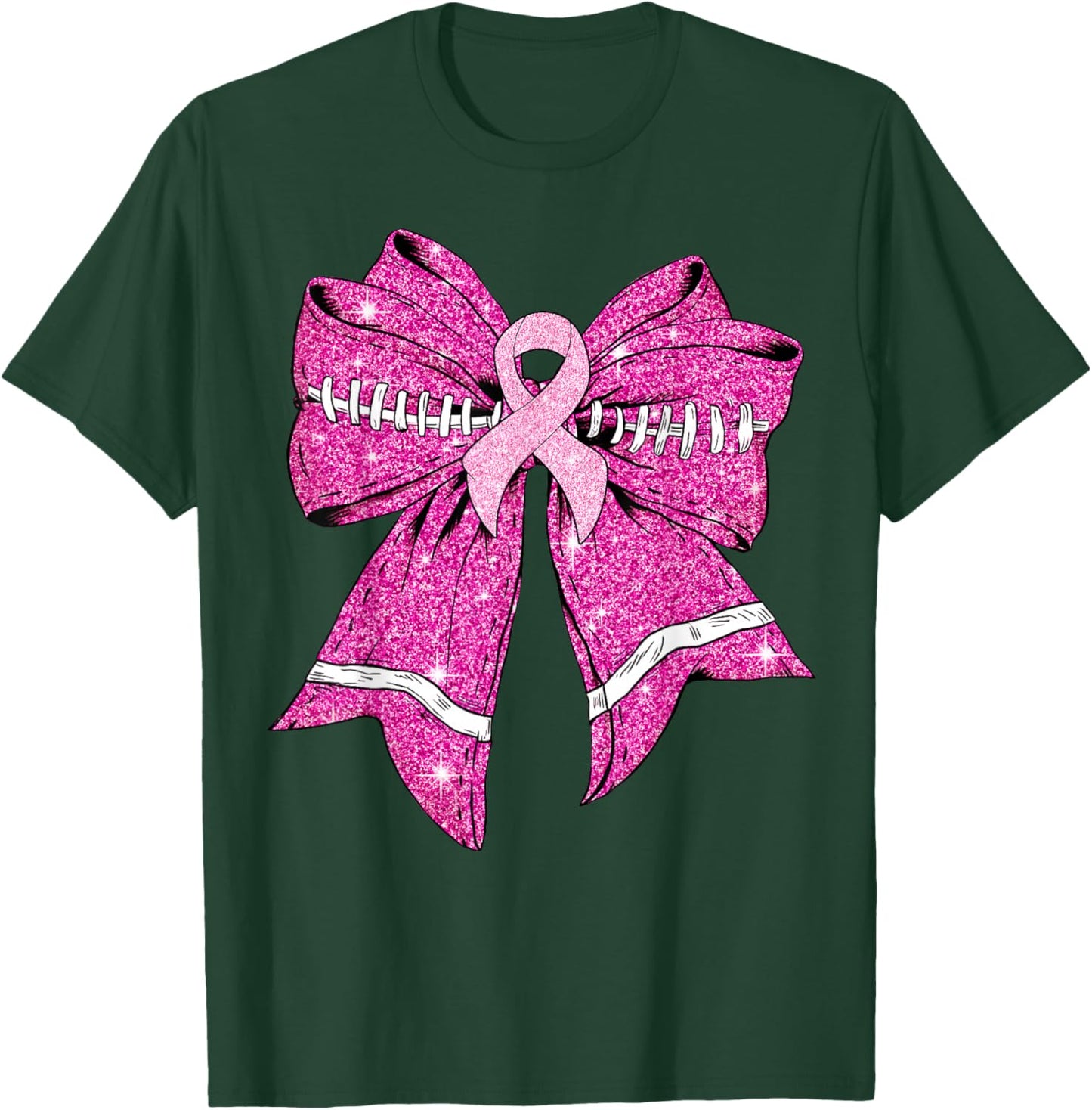 Cheer For The Cure Coquette Bow Football Breast Cancer Women T-Shirt - T-Shirt | Forest