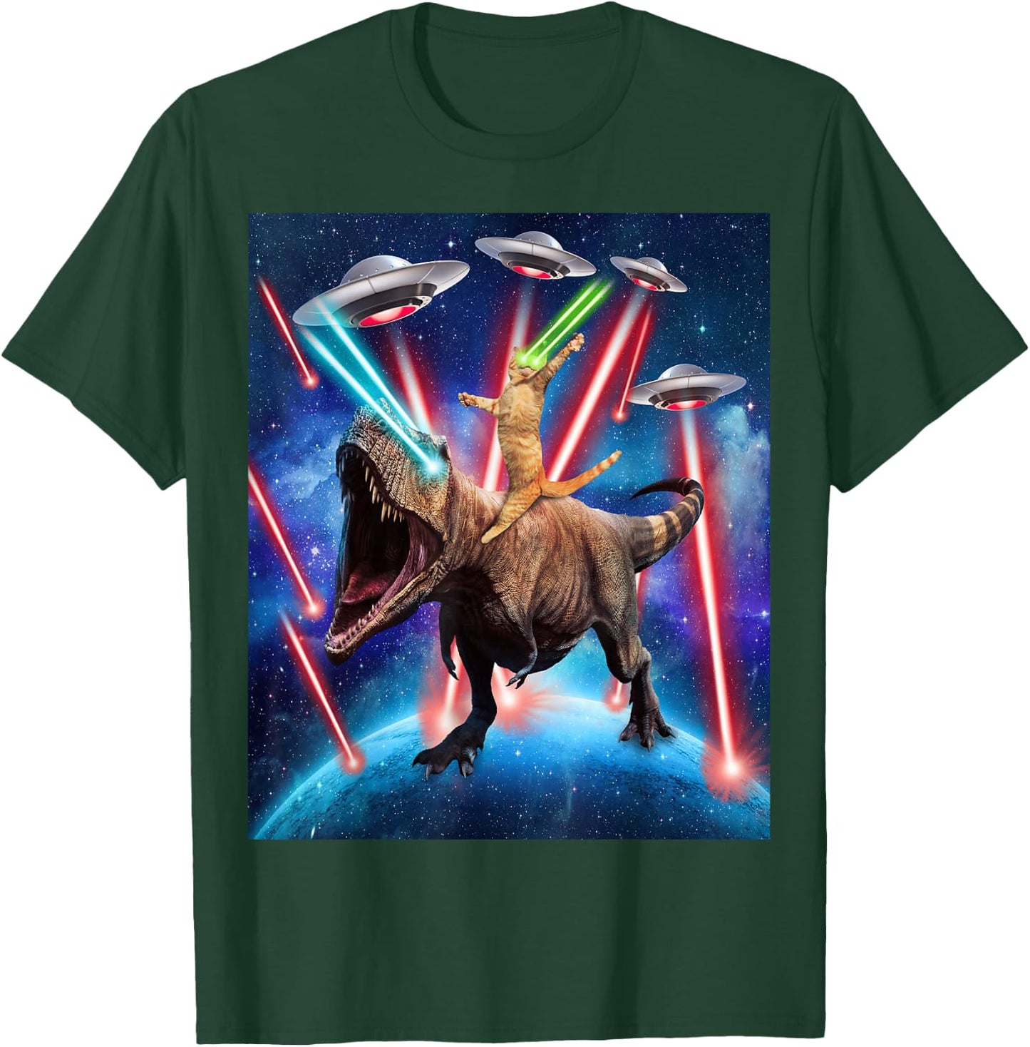 Space Cat Riding Dinosaur T rex Laser Eyes UFO Funny Cat T-Shirt - T-Shirt | Forest