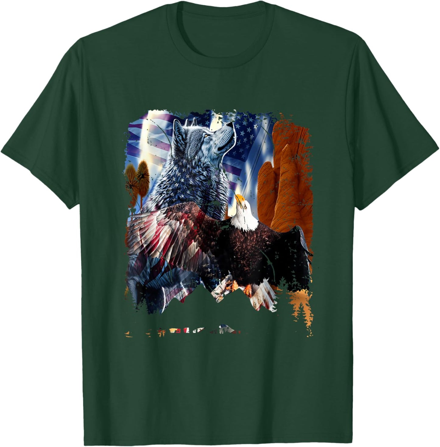 Wolf With Bald Eagles American Flag Patriotic Independence Women Men T-Shirt - T-Shirt | Forest